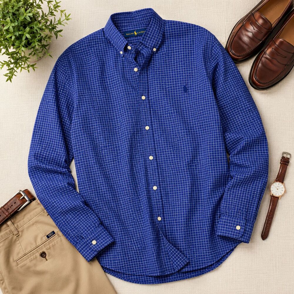 Ralph Lauren Men's 3XB Blue Windowpane Check Button Down Shirt Cotton Big Tall
